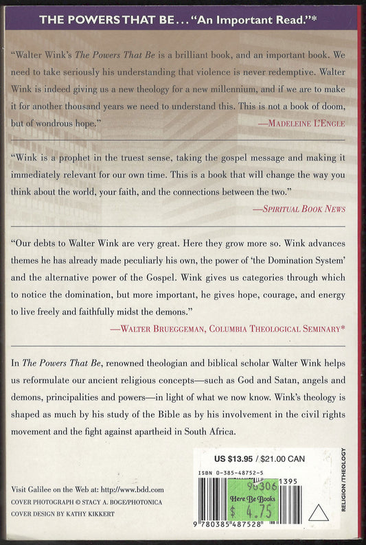 Powers That Be: Theology for a New Millennium by Walter Wink back cover