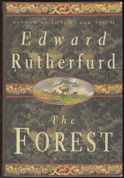 Front cover of The Forest by Edward Rutherfurd with decorative elements and an illustration of deer.