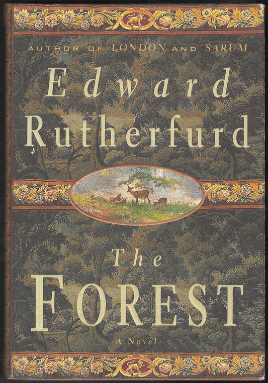 Front cover of The Forest by Edward Rutherfurd with decorative elements and an illustration of deer.