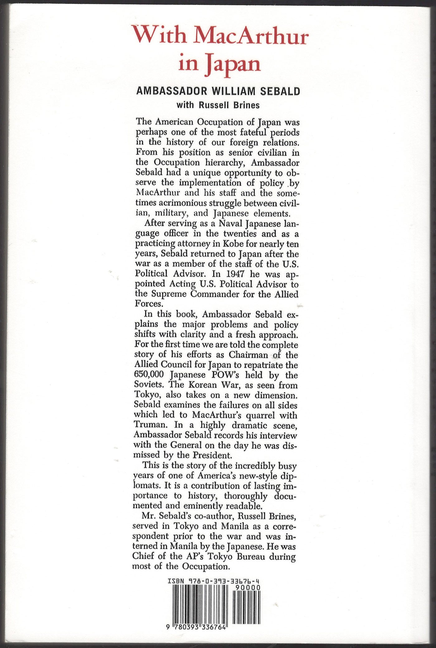 Back cover of With MacArthur in Japan by Ambassador William Sebold.