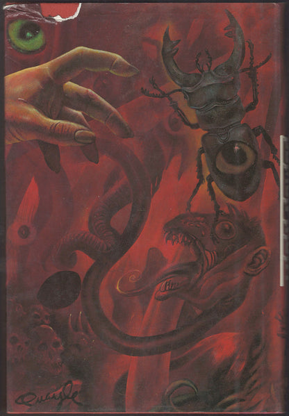 Back cover of Demon Night by Michael Straczynski with a horrific depiction of a hand reaching towards a beetle.