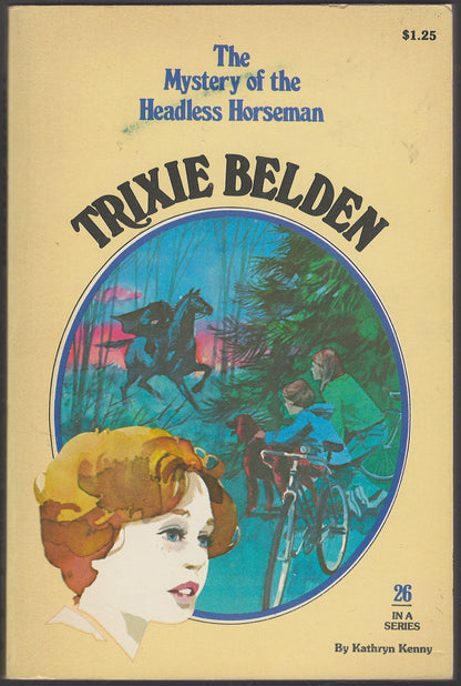 Front cover of Trixie Belden and the Mystery of the Headless Horseman with a girl and horse illustration.