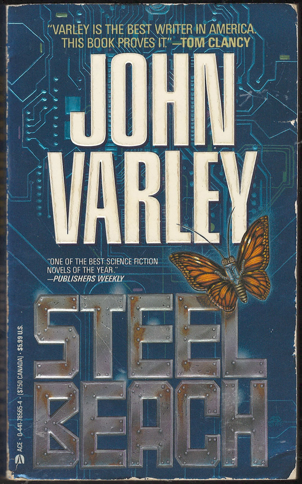 Front cover of Steel Beach by John Varley with a butterfly on a blue background.