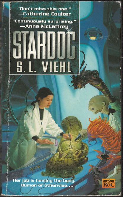 Front cover of Stardoc by S.L. Viehl featuring a doctor and alien creatures.