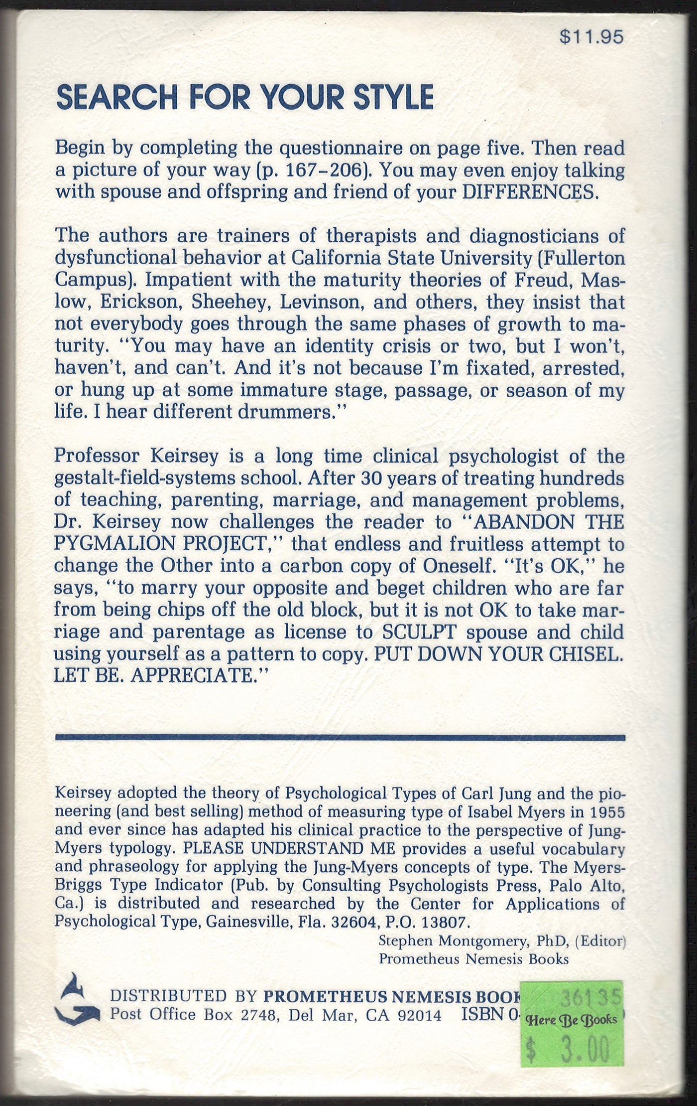 Please Understand Me: Character and Temperament Types by David Keirsey Marilyn Bates back cover