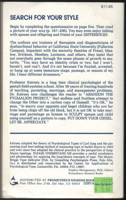 Please Understand Me: Character and Temperament Types by David Keirsey Marilyn Bates back cover