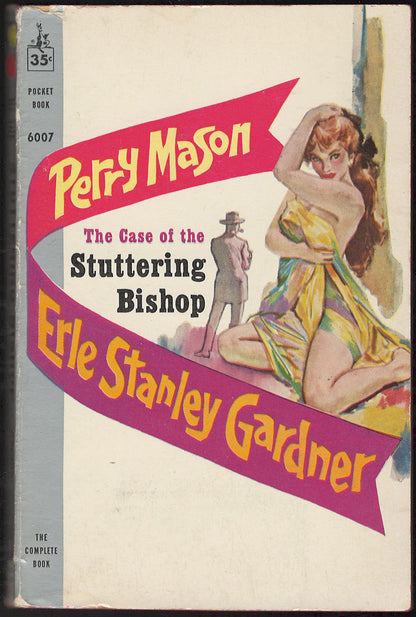 Front cover of Perry Mason: The Case of the Stuttering Bishop by Erle Stanley Gardner with a woman in a colorful dress and a man in a hat.