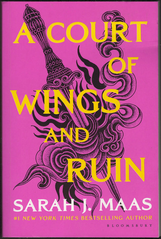 Front cover of A Court of Wings and Ruin by Sarah Maas with a pink background and decorative sword illustration. 