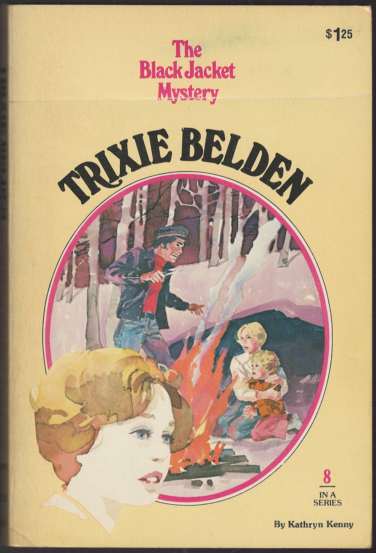Front cover of Trixie Belden #8 The Black Jacket Mystery with an image of children by a campfire being threatened by a man.
