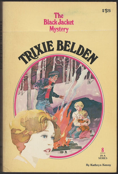 Front cover of Trixie Belden #8 The Black Jacket Mystery with an image of children by a campfire being threatened by a man.