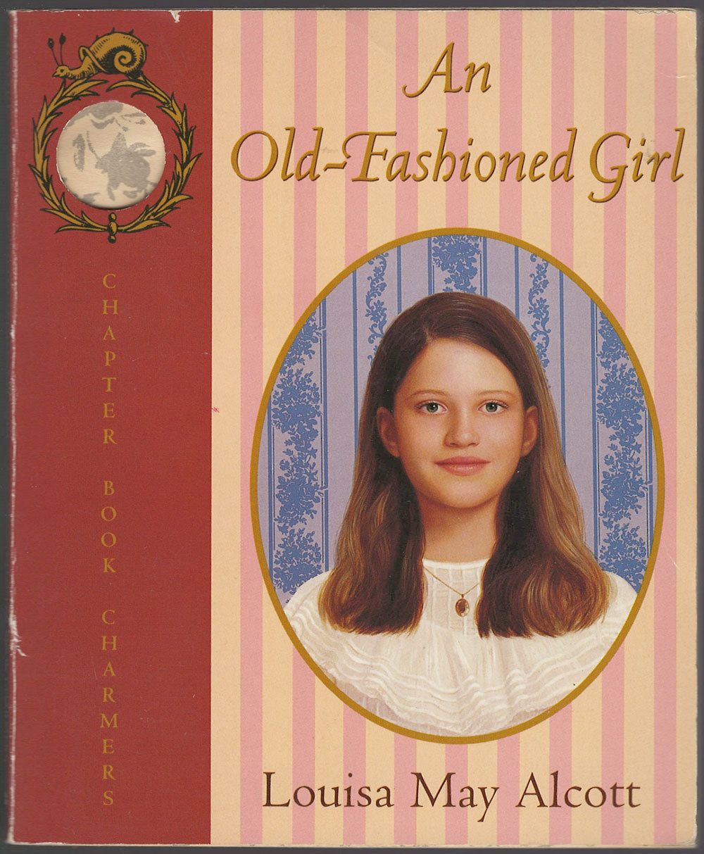 Front cover of An Old-Fashioned Girl by Louisa May Alcott with a portrait of a girl on a striped background.