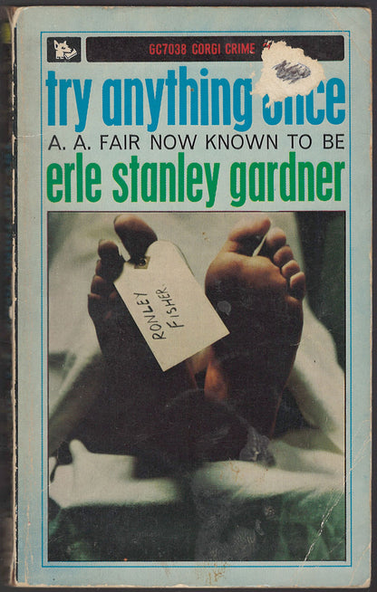 Front cover of Try Anything Once by A.A. Fair, with a toe tag on feet.