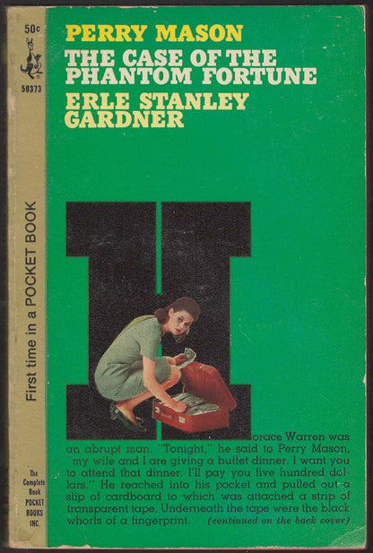 Front cover of The Case of the Phantom Fortune by Erle Stanley Gardner with a woman and a suitcase full of money on a green background.