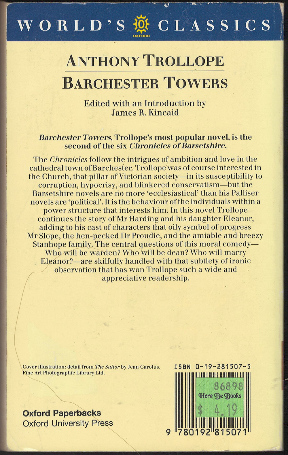 Back cover of Barchester Towers by Anthony Trollope 