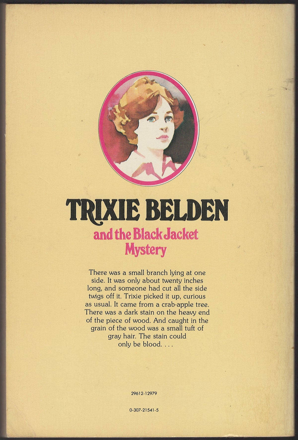 Back cover of Trixie Belden and the Black Jacket Mystery with a portrait of Trixie .