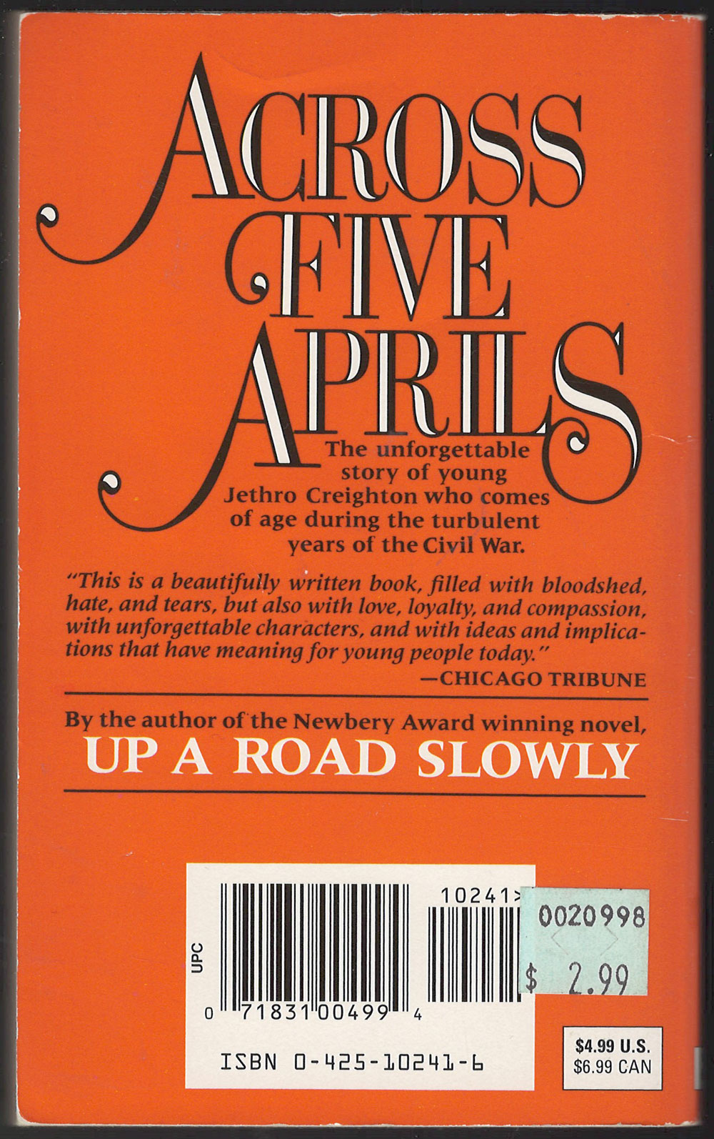 Across Five Aprils by Irene Hunt back cover