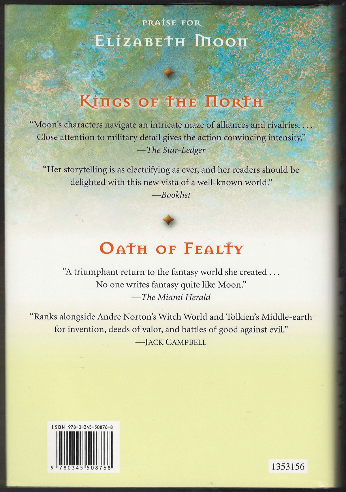 Back cover of Echoes of Betrayal by Elizabeth Moon, featuring glowing review quotes on a textured blue-to-yellow gradient background.