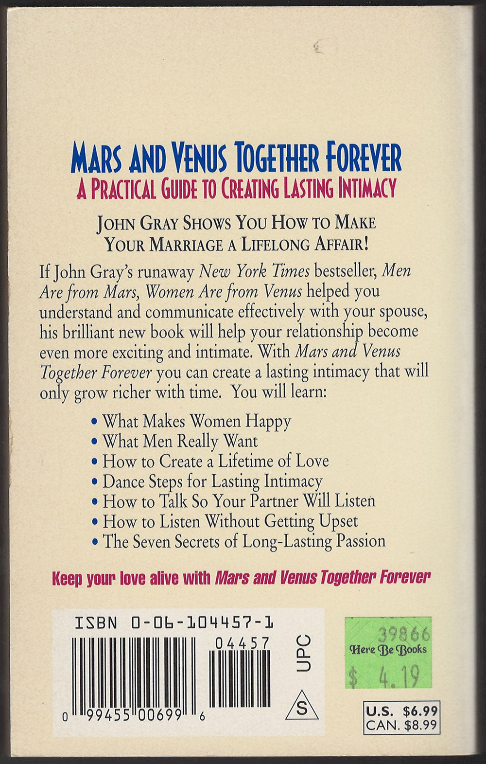 Mars and Venus Together Forever by John Gray back cover