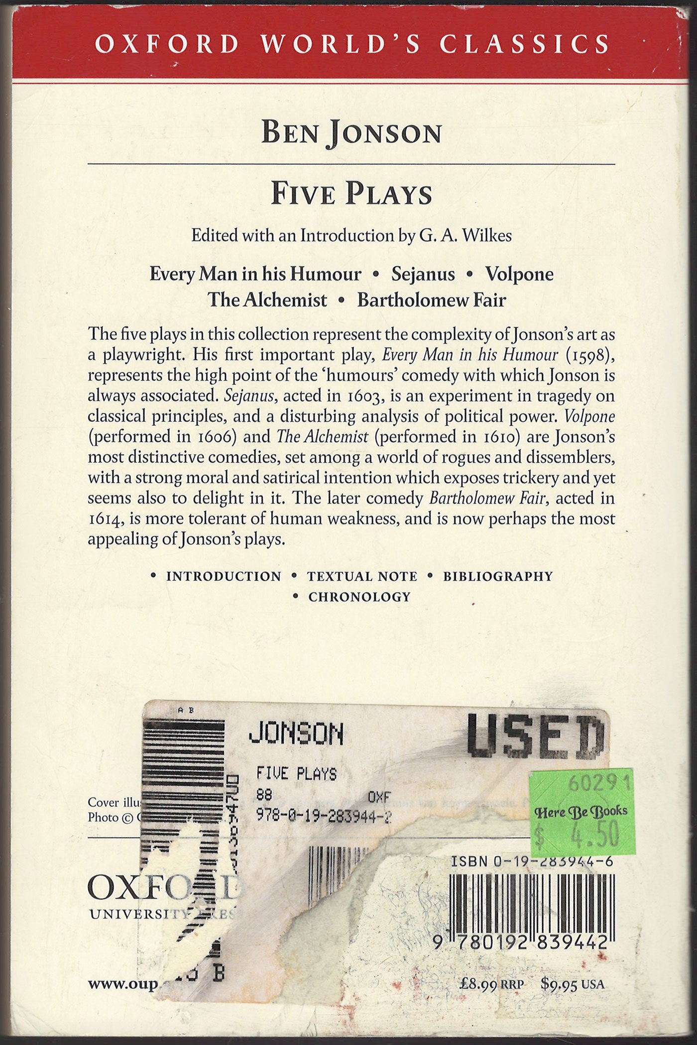 Five Plays by Ben Jonson back cover