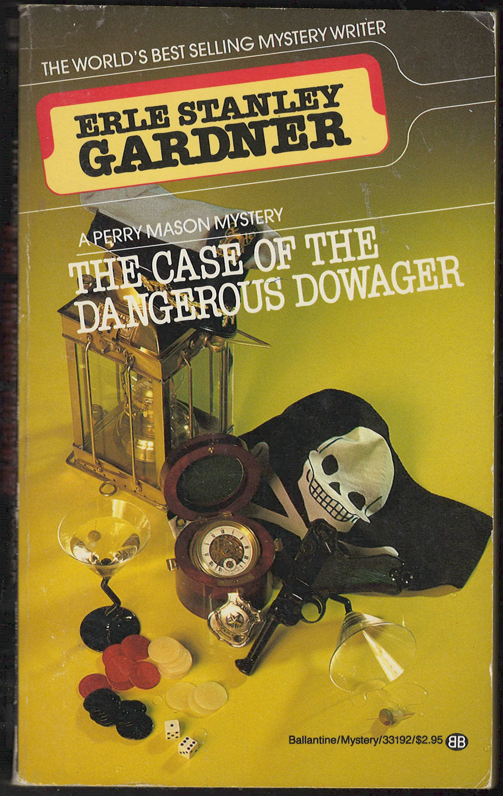 Front cover of The Case of the Dangerous Dowager by Erle Stanley Gardner with  mystery-themed nick knacks.