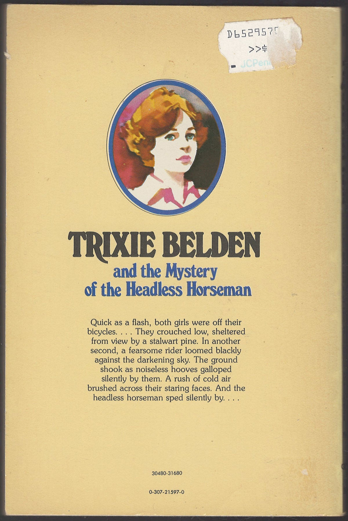 Back cover of Trixie Belden and the Mystery of the Headless Horseman with a portrait of Trixie.