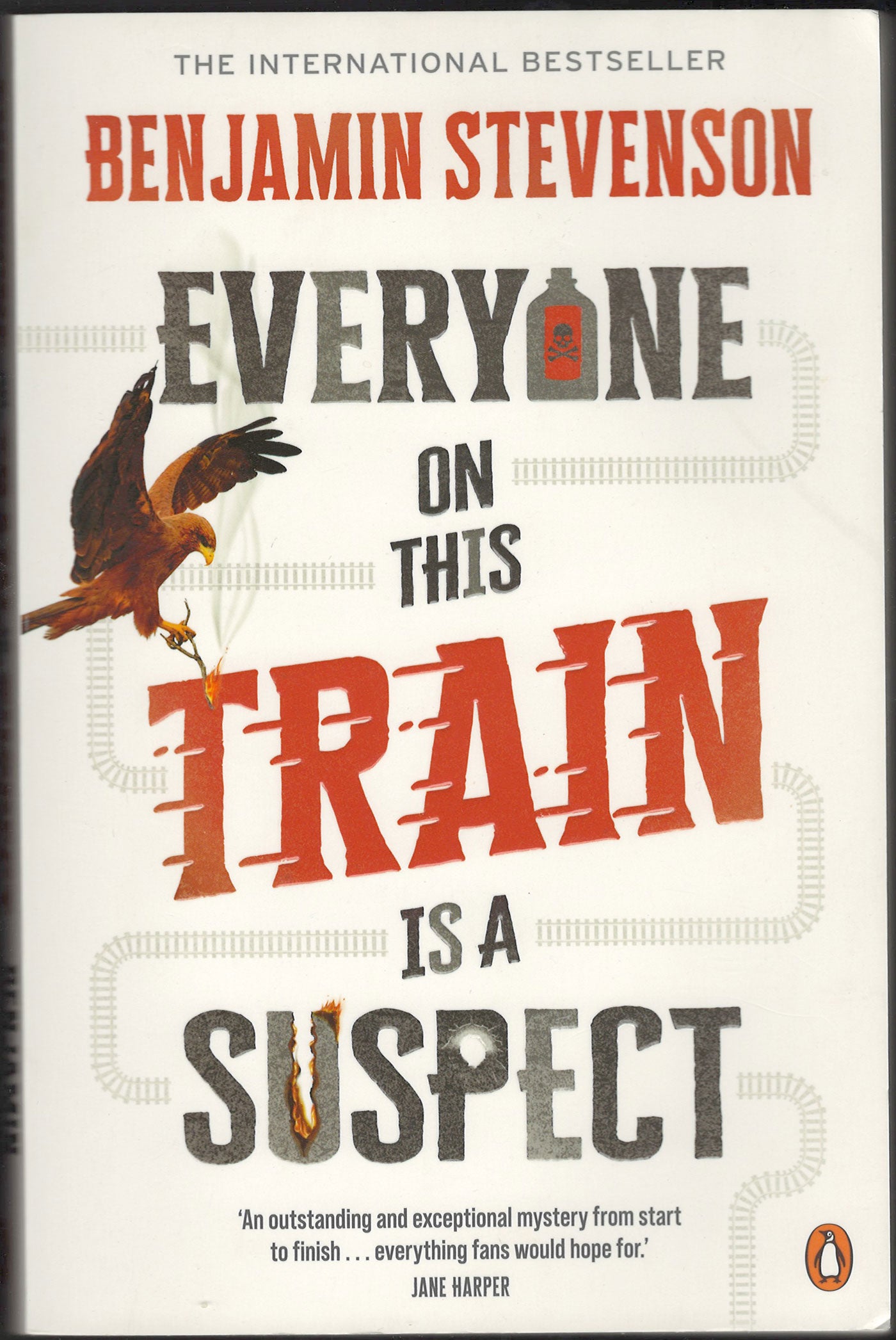Front cover of Everyone on This Train is a Suspect by Benjamin Stevenson with an eagle.