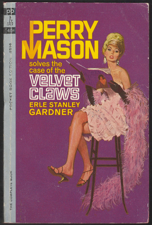 Front cover of Perry Mason Solves the Case of the Velvet Claws by Erle Stanley Gardner with a woman in a dress and boa on a purple background.