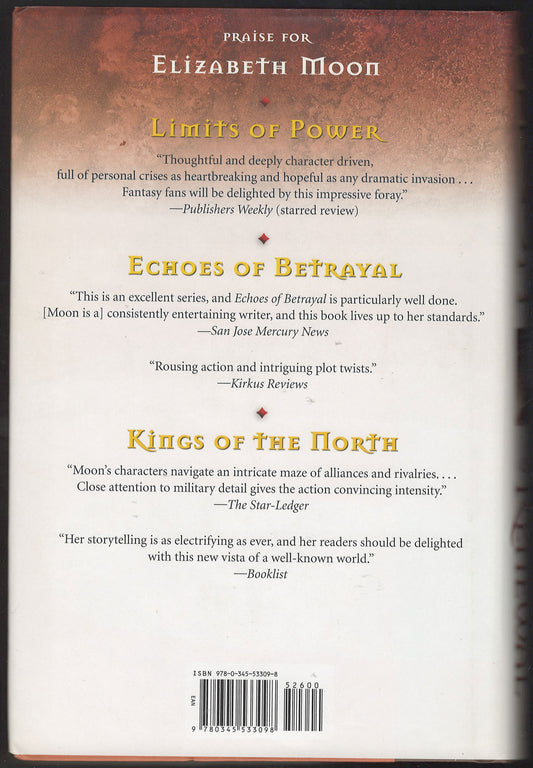 The back cover of Crown of Renewal by Elizabeth Moon with three review blurbs and a barcode on a warm brown and beige background.