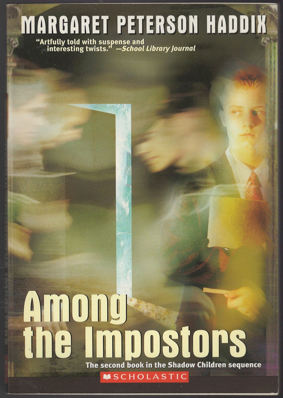 Front cover of Among the Impostors by Margaret Peterson Haddix with a blurred image of a person.