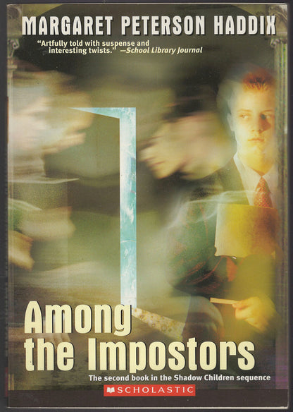 Front cover of Among the Impostors by Margaret Peterson Haddix with a blurred image of a person.