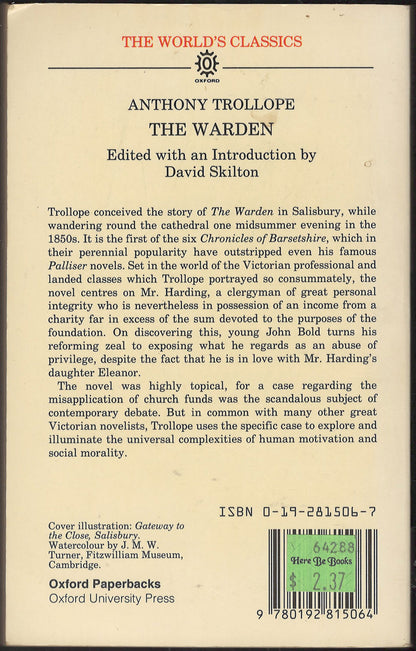 Back cover of 'The Warden' by Anthony Trollope 
