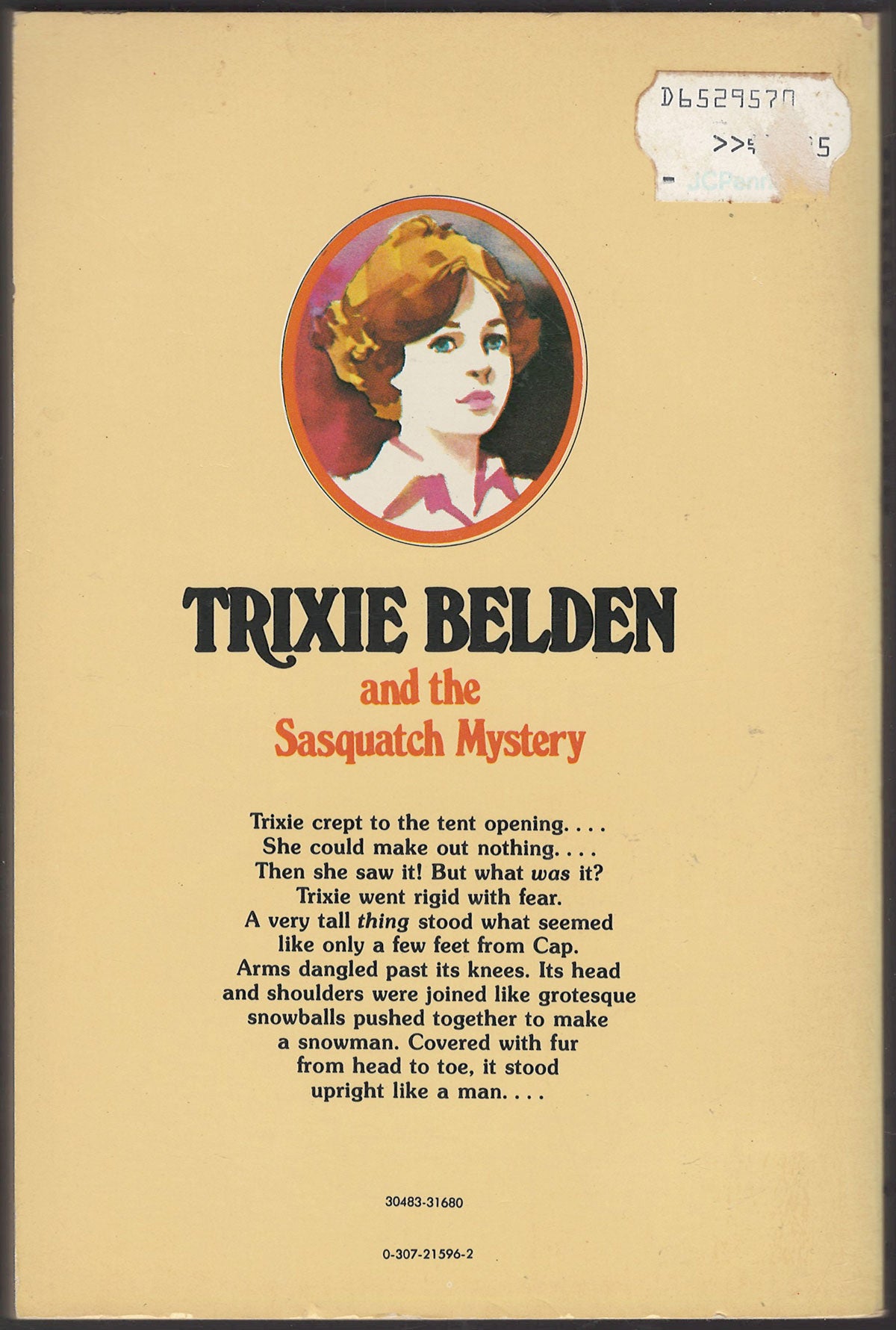 Back cover of Trixie Belden and the Sasquatch Mystery with a portrait of Trixie.
