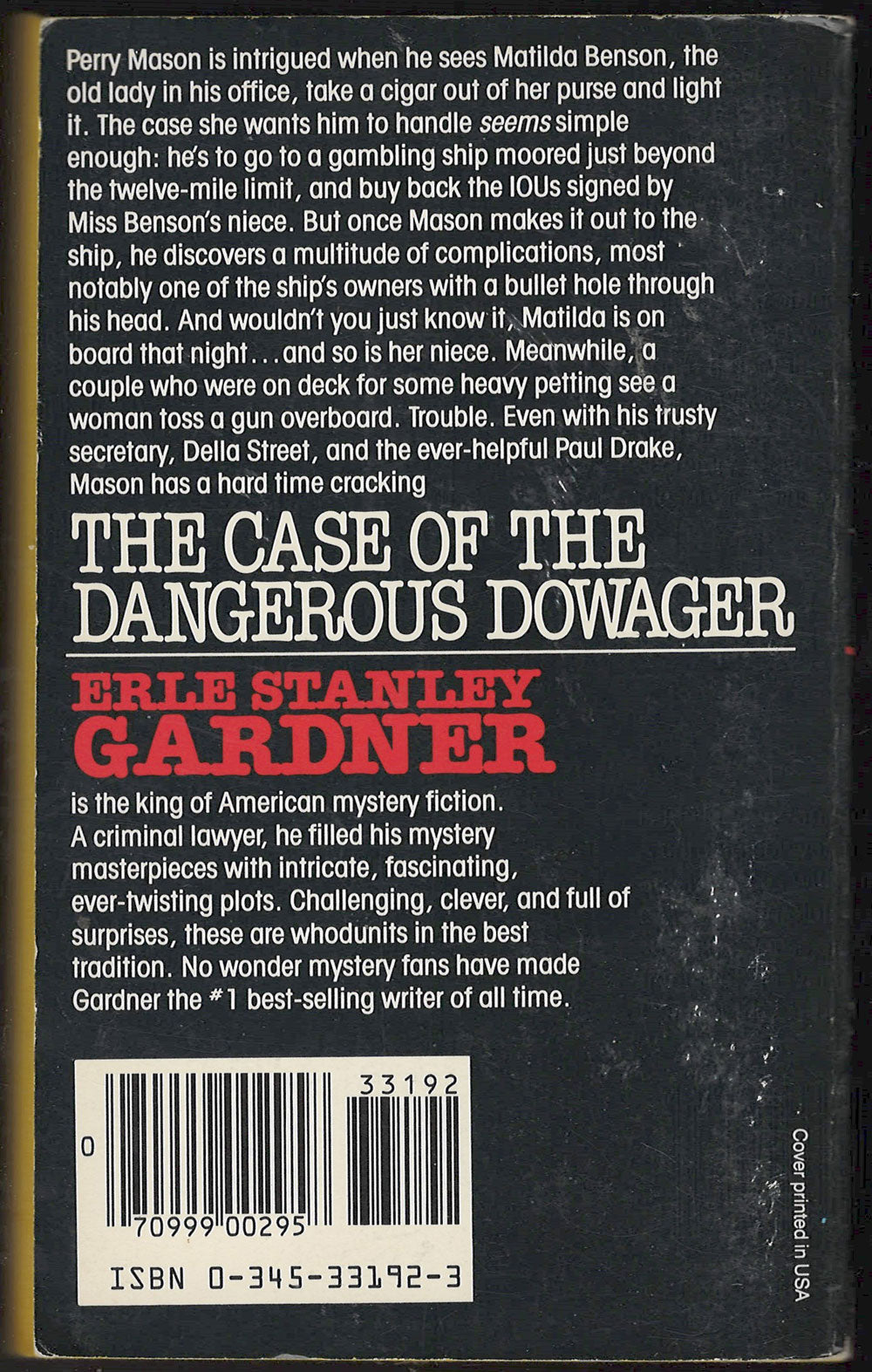 Back cover of a book titled The Case of the Dangerous Dowager by Erle Stanley Gardner with text and a barcode.