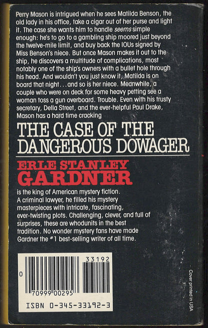 Back cover of a book titled The Case of the Dangerous Dowager by Erle Stanley Gardner with text and a barcode.