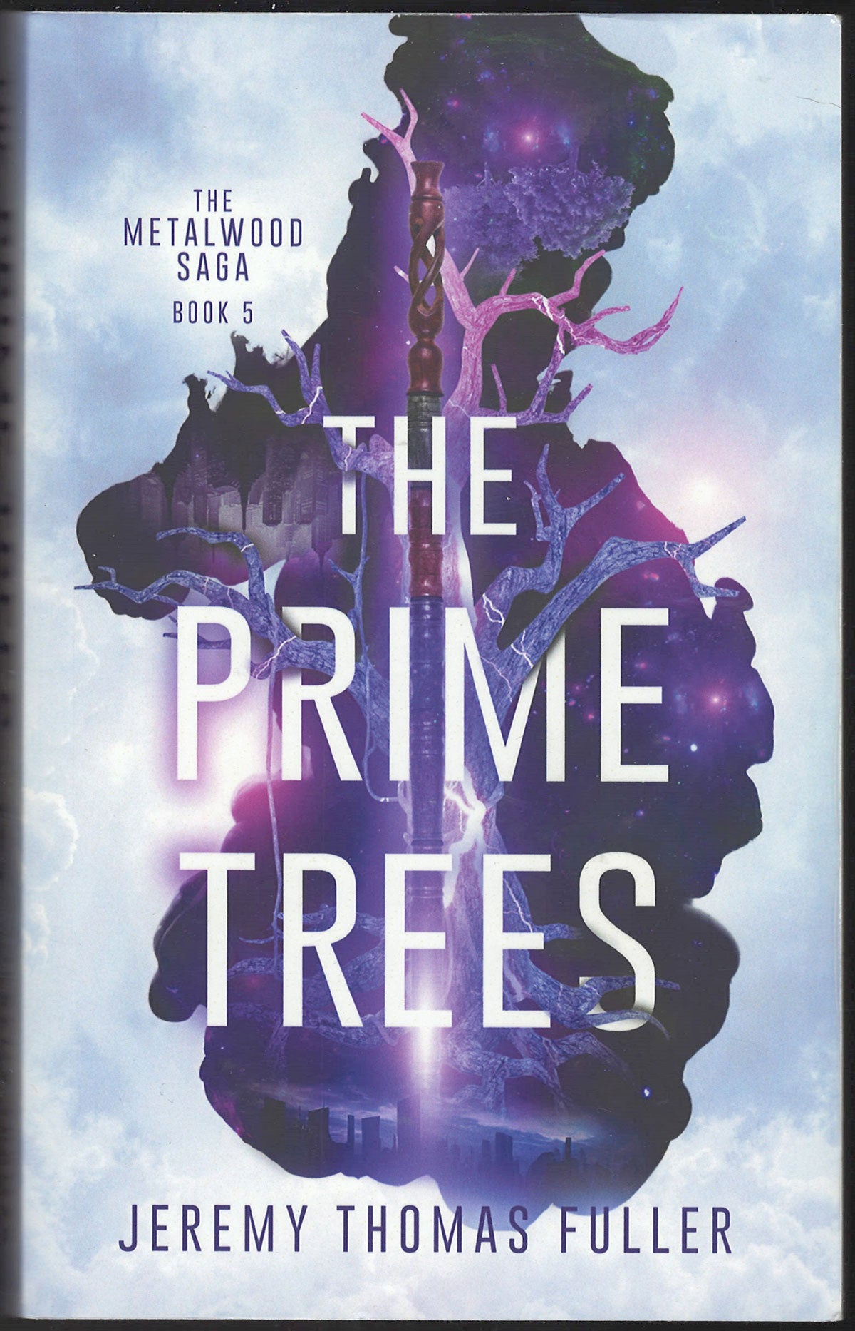 Front cover of The Prime Trees by Jeremy Thomas Fuller, showing a large tree silhouette in purple with glowing light effects and the title in bold white text.