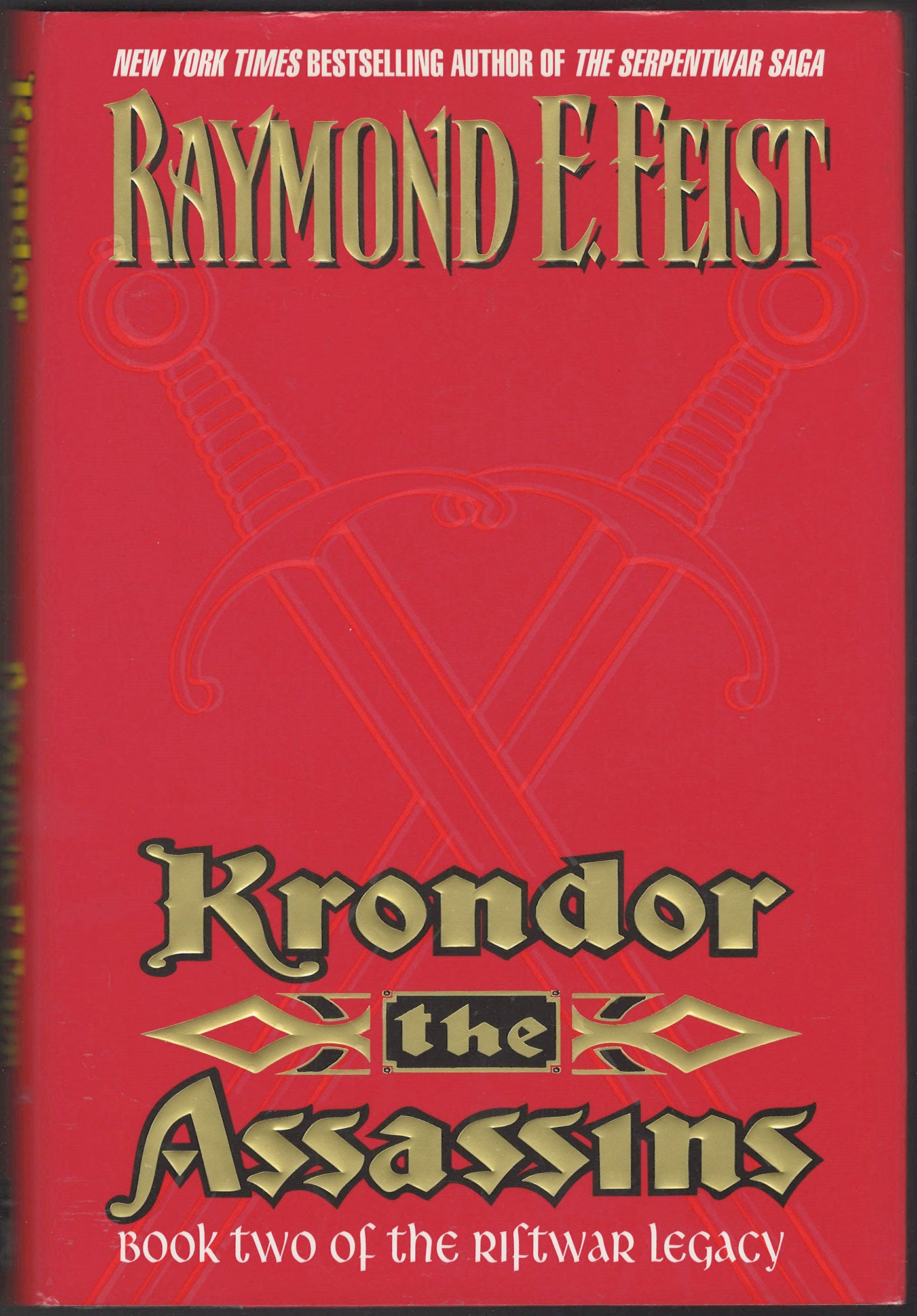 Front cover of Krondor: The Assassins by Raymond E. Feist with crossed swords on a red background.