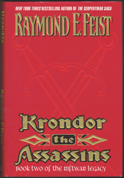 Front cover of Krondor: The Assassins by Raymond E. Feist with crossed swords on a red background.