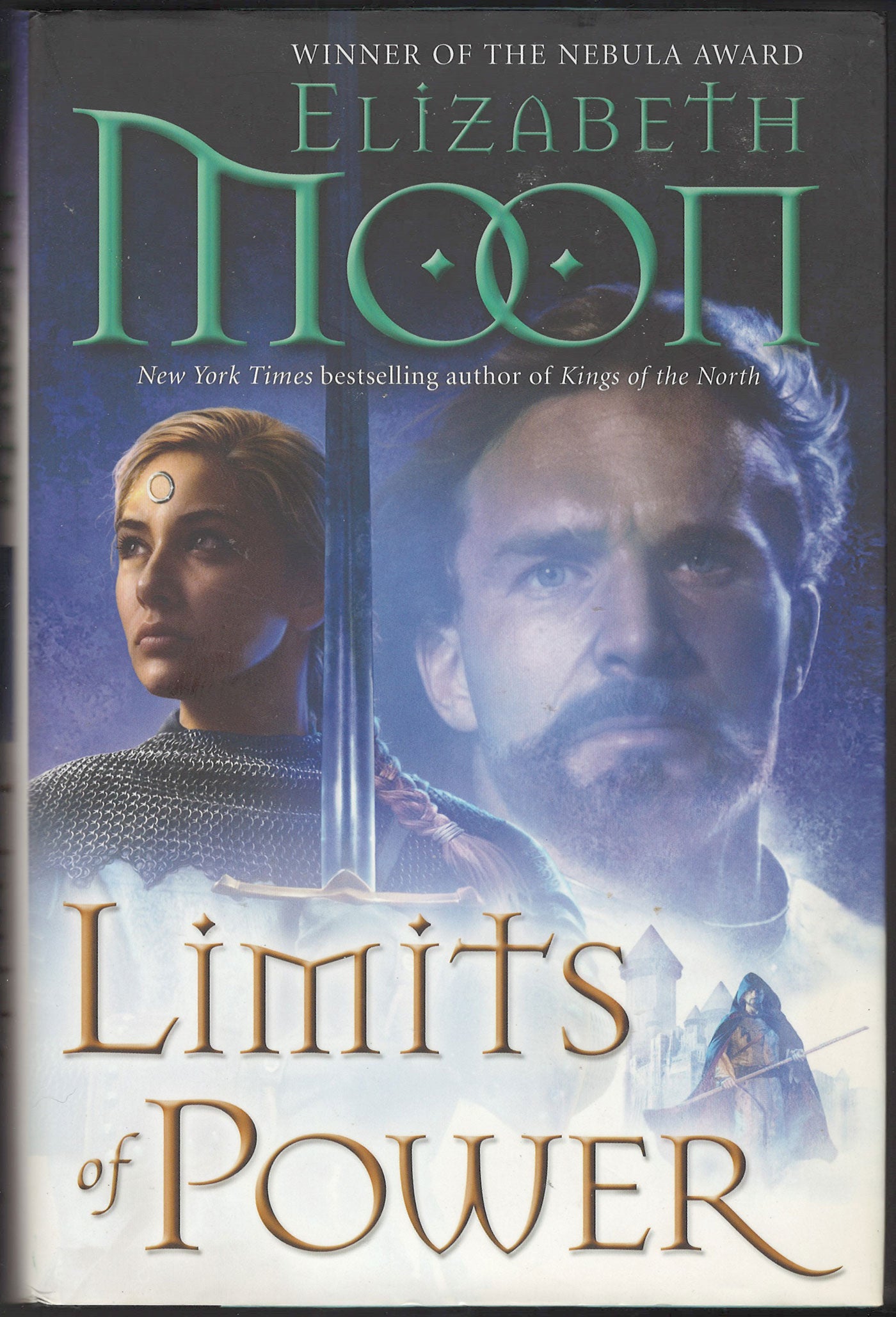 Front cover of Limits of Power by Elizabeth Moon, featuring fantasy artwork of a woman in chainmail and a bearded man in blue tones, with the title in large gold lettering at the bottom.