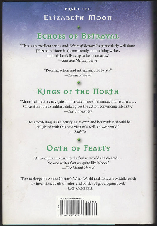 Back cover of Limits of Power by Elizabeth Moon showing review quotes for 'Echoes of Betrayal,' 'Kings of the North,' and 'Oath of Fealty' on a white background with a purple gradient at the top.
