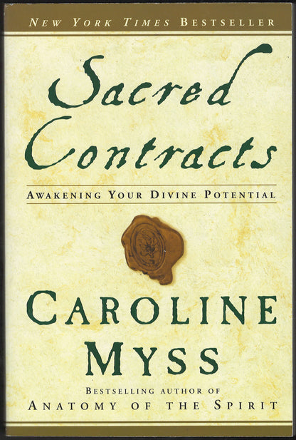 Front cover of Sacred Contracts by Caroline Myss with an image of a wax seal on a beige background.