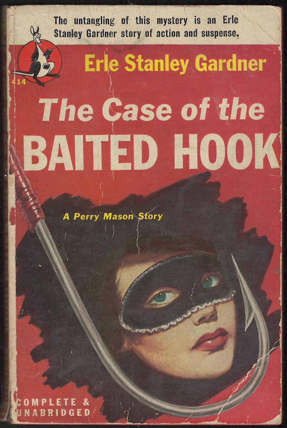 Front cover of The Case of the Baited Hook by Erle Stanley Gardner with a woman's face and a hook on a red background.