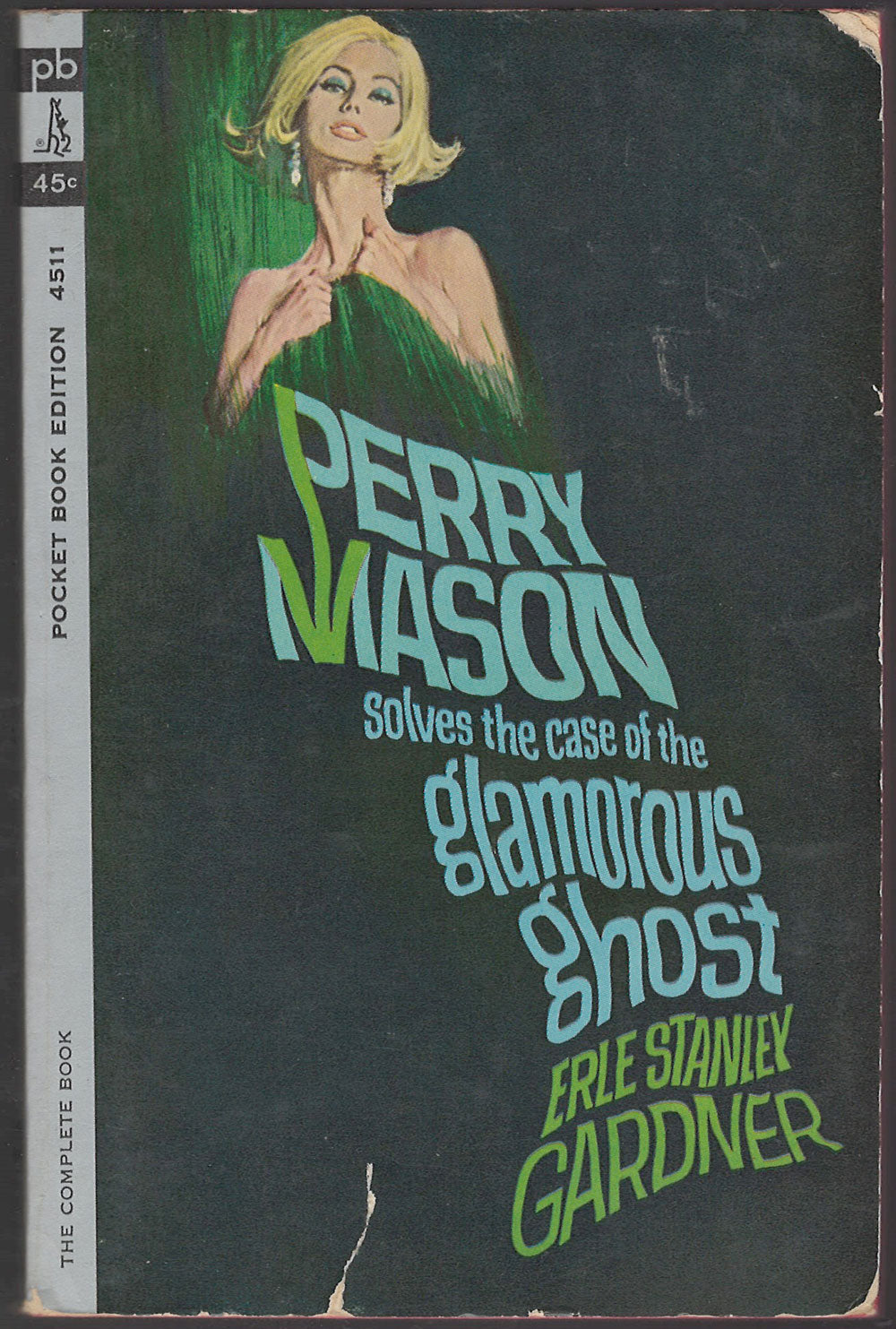 Front cover of 'Perry Mason Solves the Case of the Glamorous Ghost' by Erle Stanley Gardner with a woman holding a green drape in front of her.