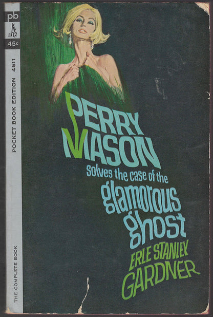 Front cover of 'Perry Mason Solves the Case of the Glamorous Ghost' by Erle Stanley Gardner with a woman holding a green drape in front of her.