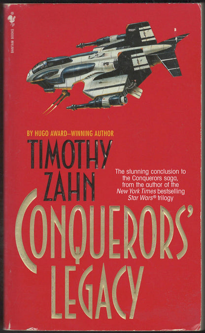 Front cover of Conquerors' Legacy by Timothy Zahn with a spaceship on a red background.