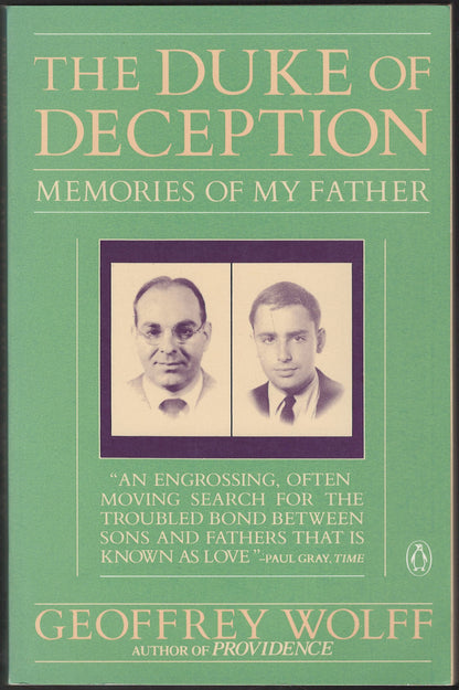 Front cover of The Duke of Deception: Memories of My Father by Geoffrey Wolff with a green background and portraits of two men.