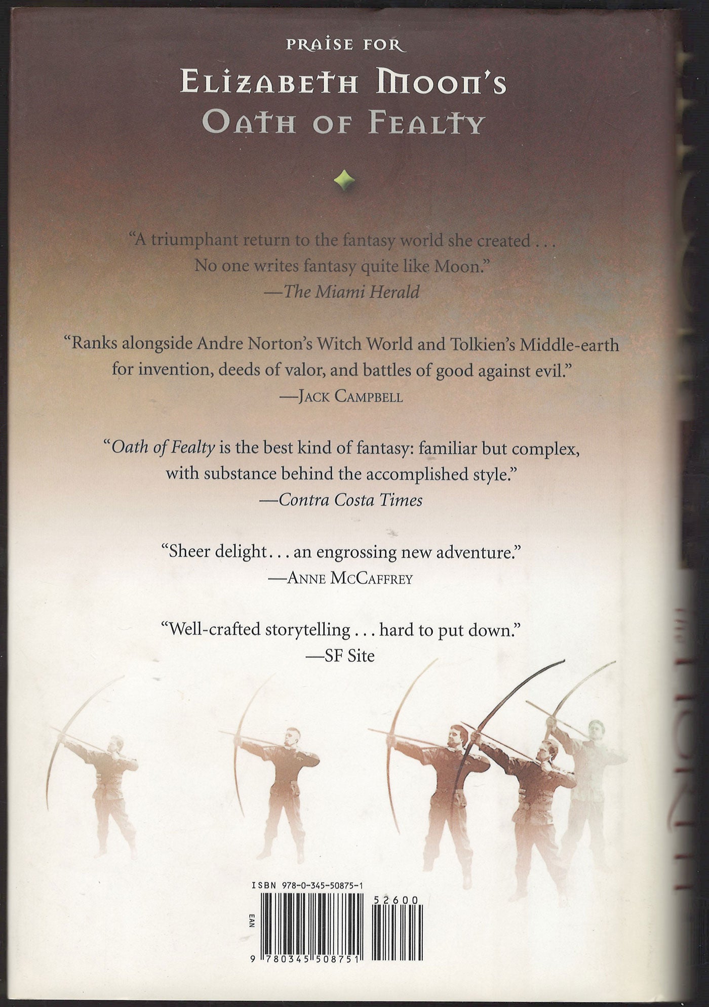 The back cover of Kings of the North by Elizabeth Moon featuring a brown-to-white gradient background with glowing character silhouettes and several review quotes.