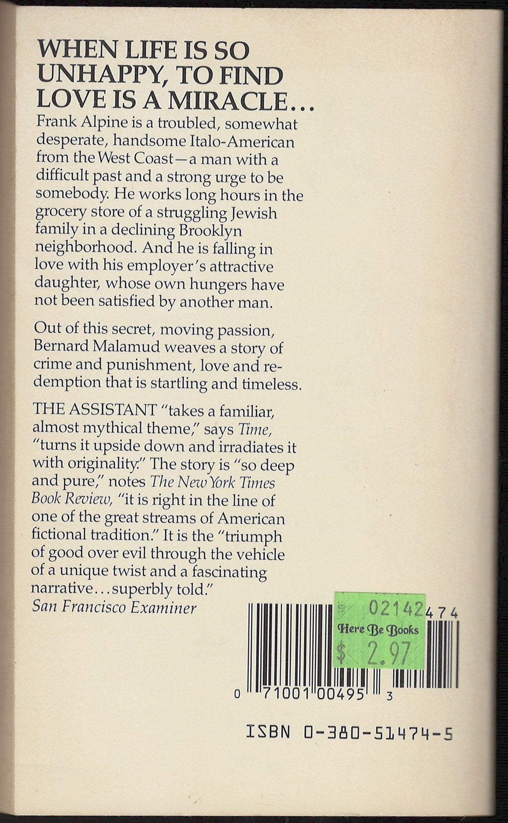 The Assistant by Bernard Malamud back cover