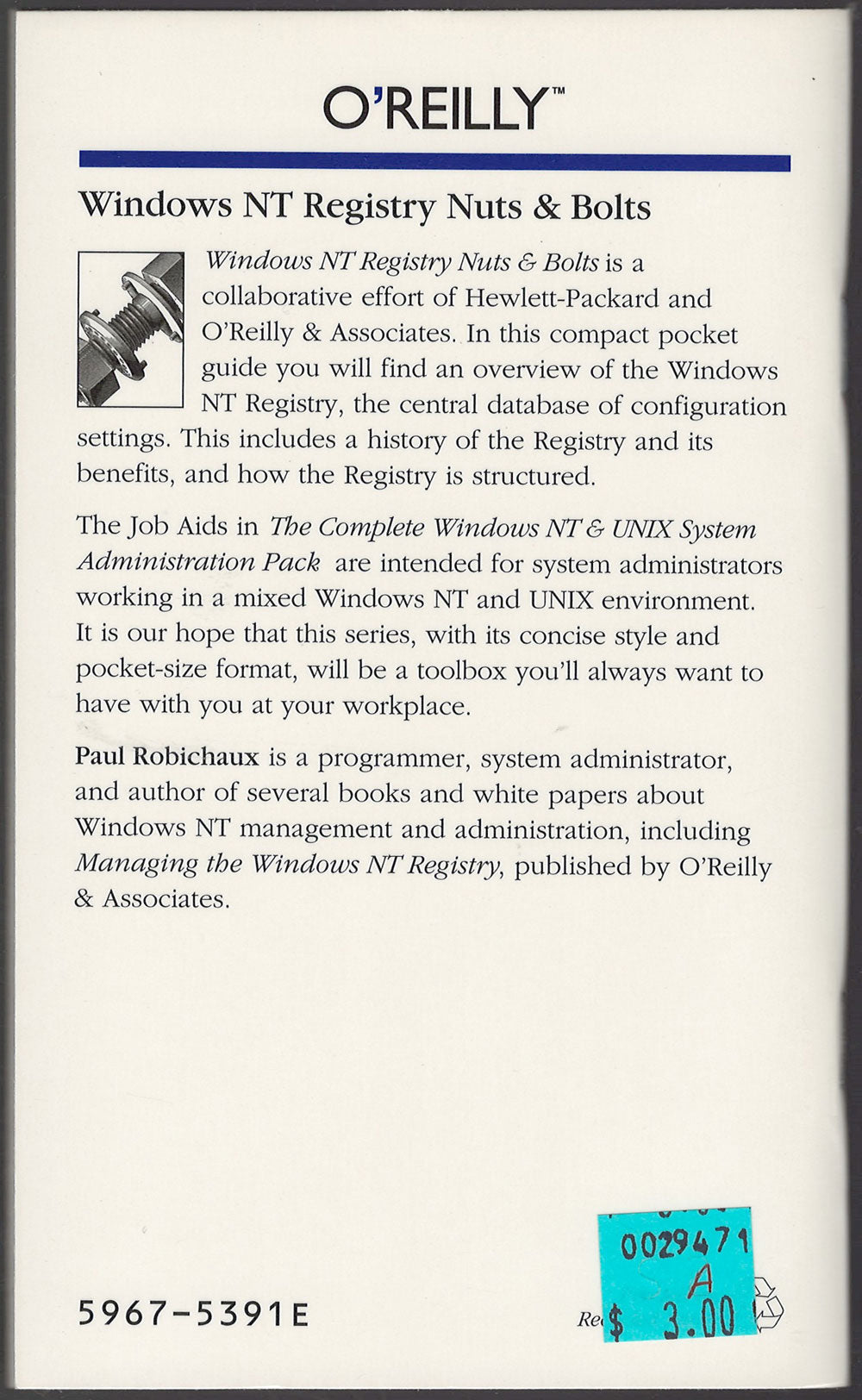 Windows NT Registry Nuts &amp; Bolts by Paul Robichaux back cover