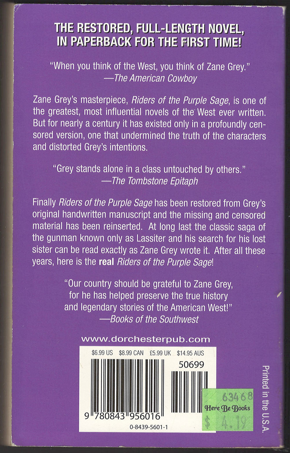 Riders of the Purple Sage by Zane Grey back cover