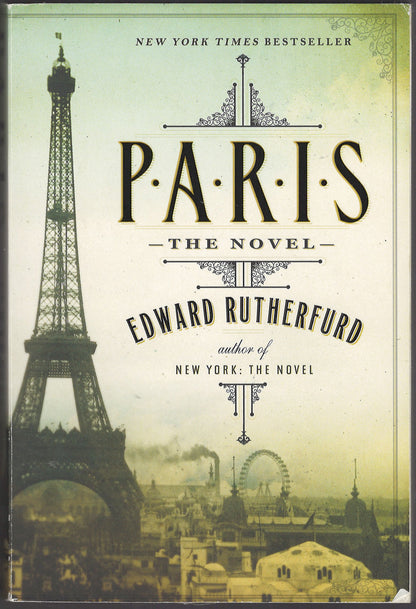 Front cover of Paris by Edward Rutherfurd with the Eiffel Tower and a cityscape illustration.